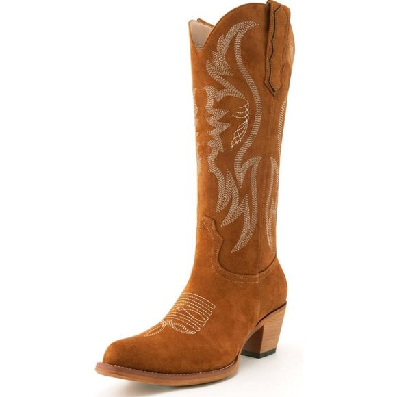 Shoes - Women's Brown Mid Calf Cowgirl Western Boots Embroidered Suede Pull On